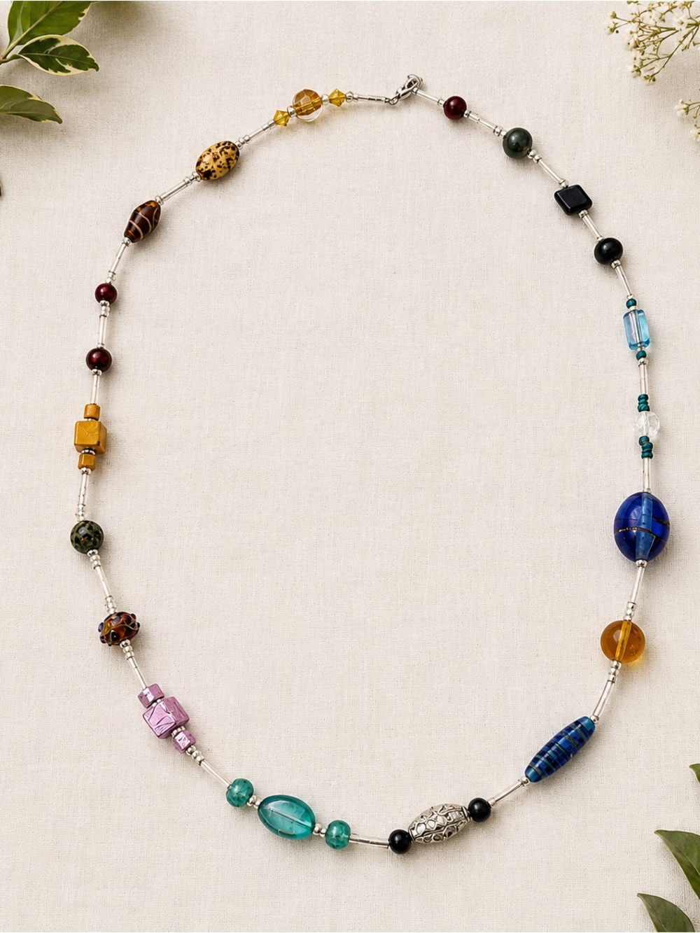 Colorful Multicolor Beaded Statement Necklace Boho Artisan 13”
